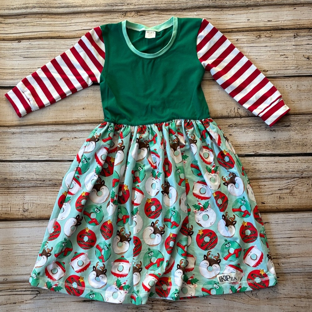 Festive Kids Dress with Striped Sleeves